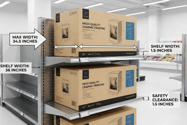 Packaging Box Shelf Dimensions Cardboard boxes with High-Quality Graphic Printing on a retail shelf, showing 34.5-inch max width, 36-inch shelf width, and 1.5-inch safety clearance.