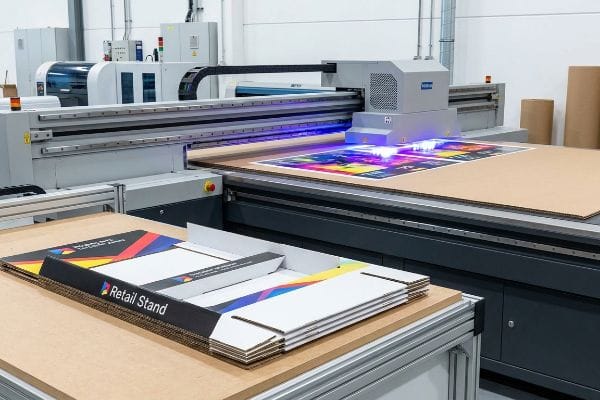 Large UV flatbed digital printer curing colorful graphics onto cardboard sheets for a Retail Stand, enabling direct-to-board printing.
