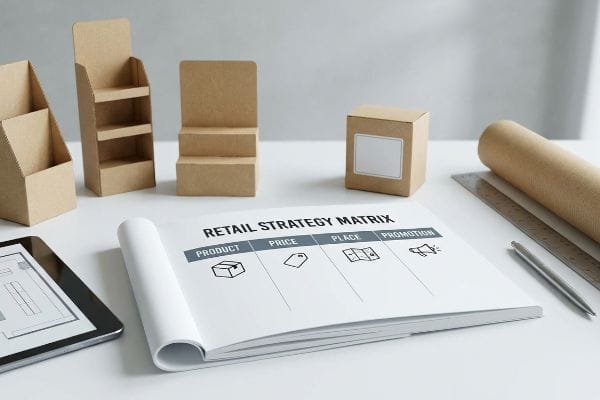 Retail Strategy Matrix Planning Kraft cardboard display stands and a Retail Strategy Matrix notebook outlining Product, Price, Place, Promotion on a white desk.