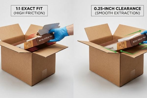 A gloved hand demonstrates the difference between a 1:1 Exact Fit (High Friction) corrugated box, tearing a Retail Display Tray, and a 0.25-Inch Clearance (Smooth Extraction) box.