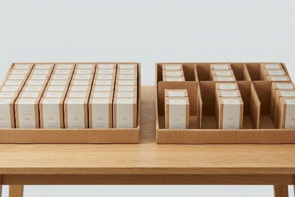 ディスプレイトレイの間隔 木製台座にクラフト紙製の小売用陳列トレイを2枚使用。1枚は高密度な商品グリッド、もう1枚は0.25インチ間隔で戦略的に商品を陳列できるモジュール式仕切りを備えている。.