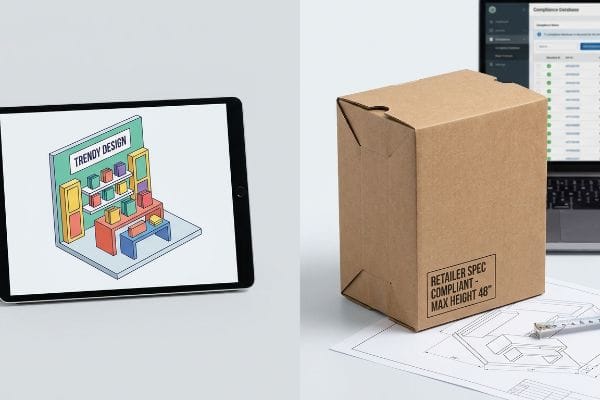 Retailer Spec Compliance Design Brown cardboard box with "Retailer Spec Compliant - Max Height 48"" text, next to a tablet displaying an isometric "Trendy Design" retail display illustration.