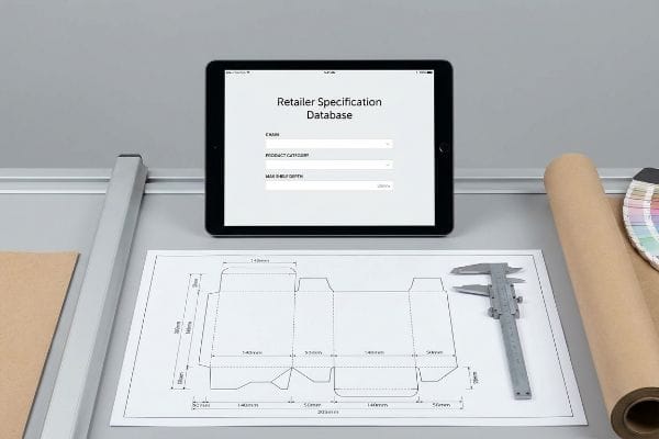 A black tablet displays 'Retailer Specification Database' with input fields for Chain, Product Category, and Max Shelf Depth, alongside a packaging dieline blueprint with precise dimensions and a caliper, crucial for retail compliance.
