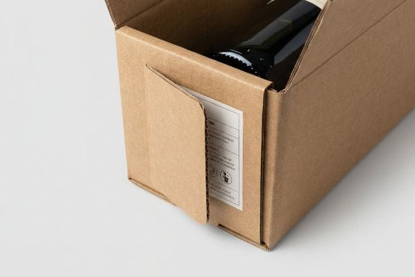 TTB Label Obscured Brown corrugated box, its retaining lip partially obscuring a white TTB compliance label with legal data, holding a dark beverage bottle.