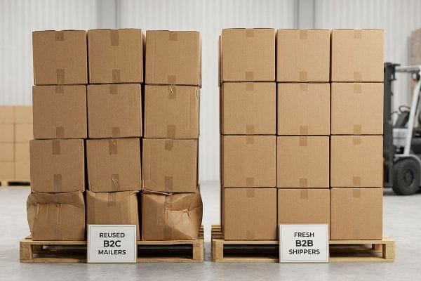 Packaging Comparison Warehouse Pallets Worn cardboard boxes labeled "Reused B2C Mailers" contrast with pristine "Fresh B2B Shippers" on pallets in a warehouse setting.