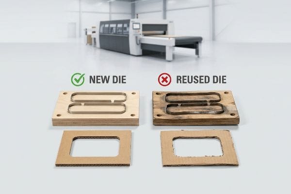 New vs Reused Die Contrasting a New Die with clean steel rules on plywood and a Reused Die with worn blades, demonstrating precise versus misaligned cardboard cuts.