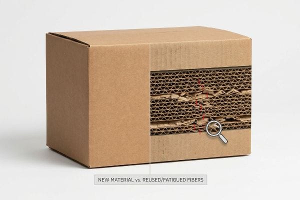 Intact versus shattered inner flutes in a brown corrugated box, illustrating New Material vs. Reused/Fatigued Fibers with a magnifying glass.
