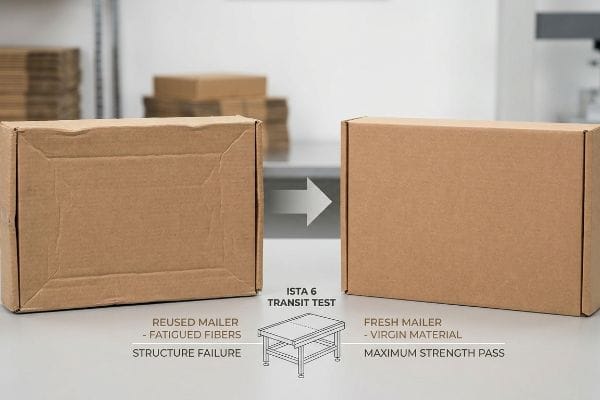 Mailer Transit Test Results Reused mailer with fatigued fibers and structure failure, next to fresh mailer passing ISTA 6 Transit Test.