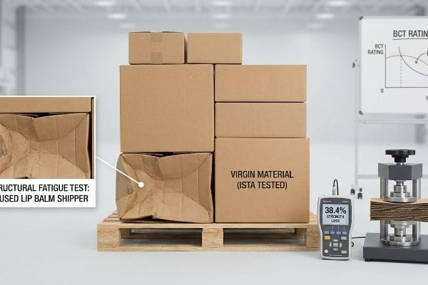 Box Fatigue Strength Loss A Structural Fatigue Test reveals a Reused Lip Balm Shipper with 38.4% Strength Loss, contrasted with a Virgin Material (ISTA Tested) box.