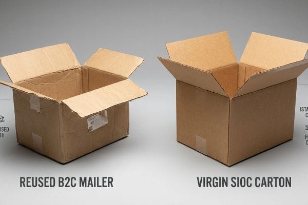 Brown corrugated cardboard boxes, one a Reused B2C Mailer with visible wear, next to a pristine Virgin SIOC Carton, highlighting packaging integrity.