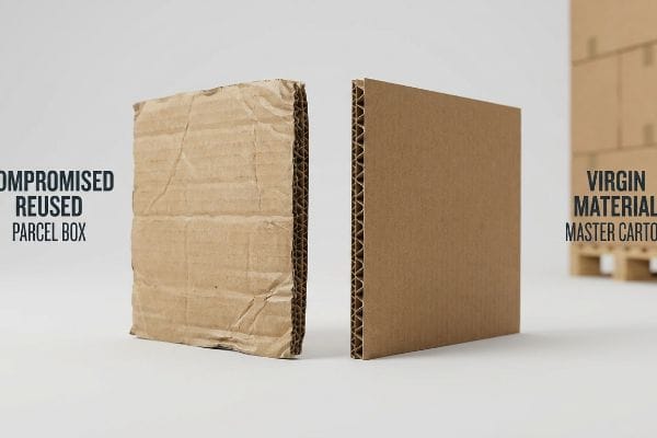 Reused vs Virgin Cardboard Corrugated cardboard comparison: a creased, Compromised Reused Parcel Box with damaged flutes beside a pristine Virgin Material Master Carton.