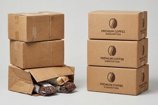 Coffee Subscription Boxes Reused mailers with coffee bags next to virgin corrugated shippers for Premium Coffee Subscription.