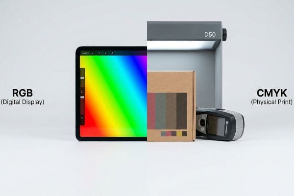 A digital tablet displaying an RGB rainbow gradient contrasts with CMYK physical print color swatches under D50 lighting, next to a spectrophotometer.