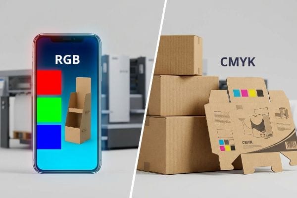 Displaying RGB digital colors on a smartphone screen versus CMYK print colors on corrugated cardboard packaging.