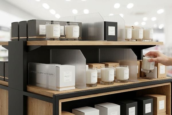 Clear ribbed acrylic dividers organize white HAND-POURED candles and black boxes on a wooden retail display, with a hand selecting a jar.