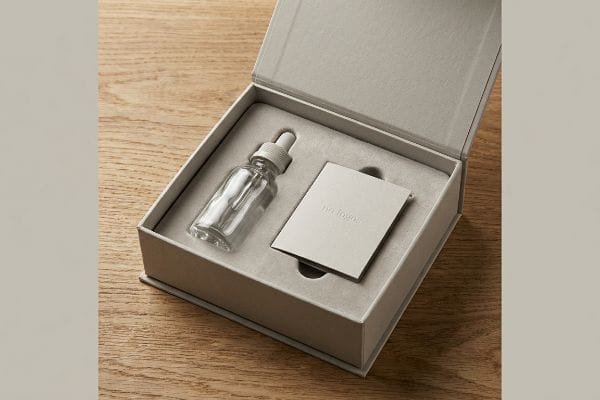 Caixa de presente rígida cinza, aberta, para produtos com CBD, com um encaixe de espuma personalizado que protege um frasco conta-gotas de vidro vazio e um pequeno cartão cinza.