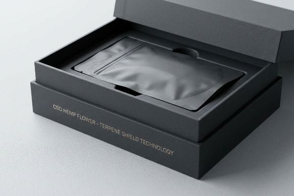 Cbd Hemp Flower Packaging An open, dark grey rigid box featuring a custom insert holding a flexible black pouch, with 'Cbd Hemp Flower - Terpene Shield Technology' in gold lettering on the front.
