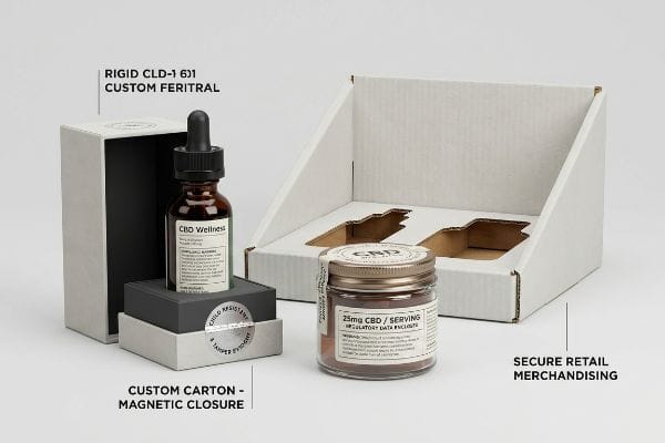 Rigid Cld-1 6j1 custom feritral carton with child-resistant CBD Wellness dropper, 25mg CBD jar, and secure retail display.