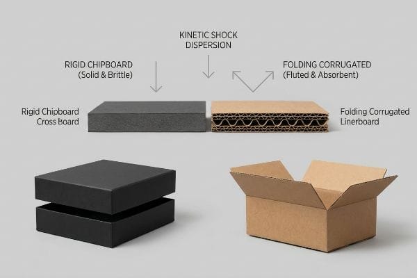 Starre Spanplatten (massiv und spröde) und faltbare Wellpappen (geriffelt und saugfähig) als Materialien, die die kinetische Stoßwellendispersion und ihre Kastenstrukturen demonstrieren.