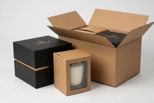 Boîtes d'emballage pour bougies Coffrets cadeaux rigides noirs avec logo « Candle Company » en feuille d'or, boîte en carton kraft avec fenêtre et carton d'expédition ondulé ouvert.