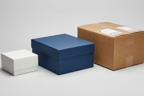 A small white rigid box, a medium blue rigid box, and a large brown corrugated shipping container with a label, illustrating luxury item and heavy shipping packaging.