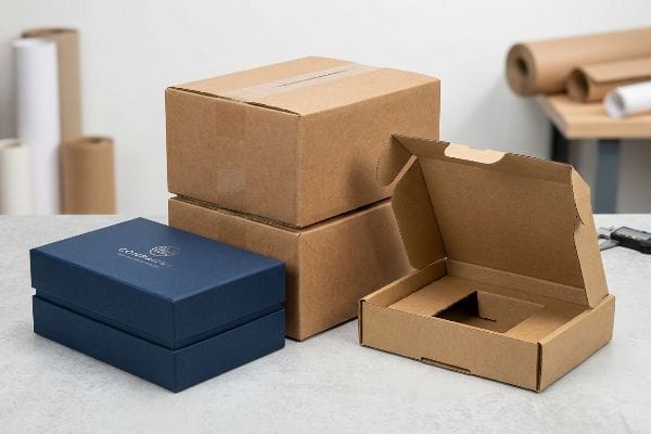Dark blue COMPACT rigid setup carton, stacked brown regular slotted containers, and an open die-cut corrugated mailer.