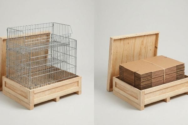 Ein Metalldraht-Präsentationsständer in einer Holzkiste bildet einen Kontrast zu gestapelten, flach verpackten Wellpappkartons und verdeutlicht das Versandvolumen.
