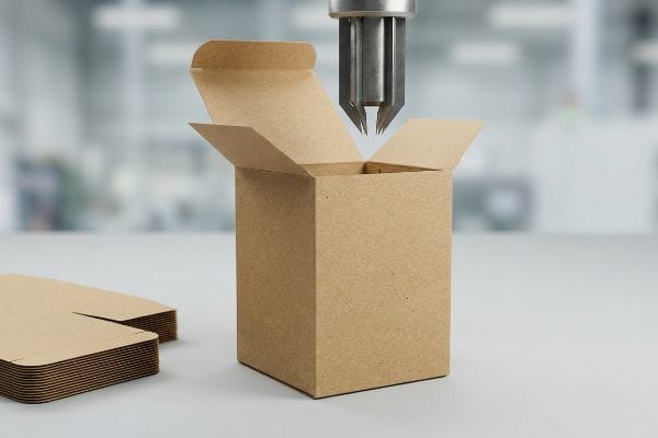 Caja de cartón kraft natural bajo un brazo robótico para el ensamblaje automatizado de embalajes, con piezas planas troqueladas.