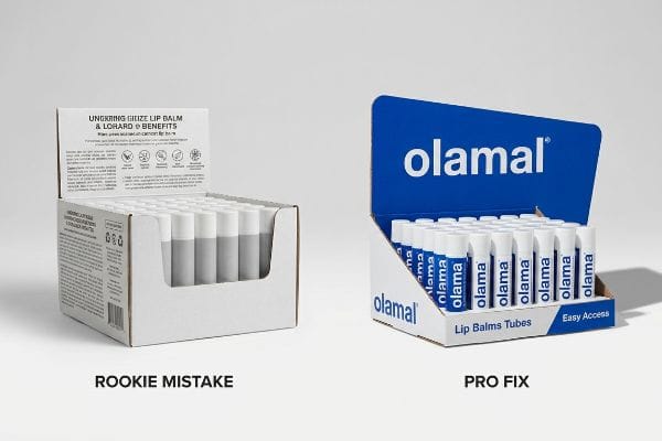 Rookie Mistake Packaging White cardboard display box for Ungkering Gize Lip Balm & Lorard Benefits, labeled "Rookie Mistake" for its text-heavy design.