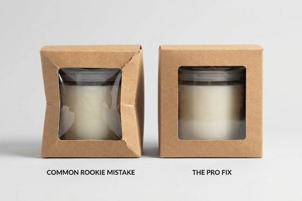 Kraft paper candle window boxes, contrasting a warped 'Common Rookie Mistake' with a perfectly square 'The Pro Fix' carton.