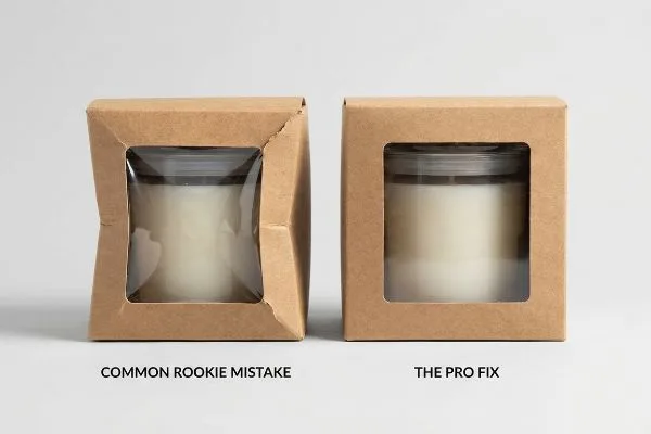 Correction professionnelle des erreurs de débutant Boîtes à bougies en papier kraft avec fenêtre, contrastant une boîte déformée « Erreur courante de débutant » avec une boîte parfaitement carrée « Solution de pro ».