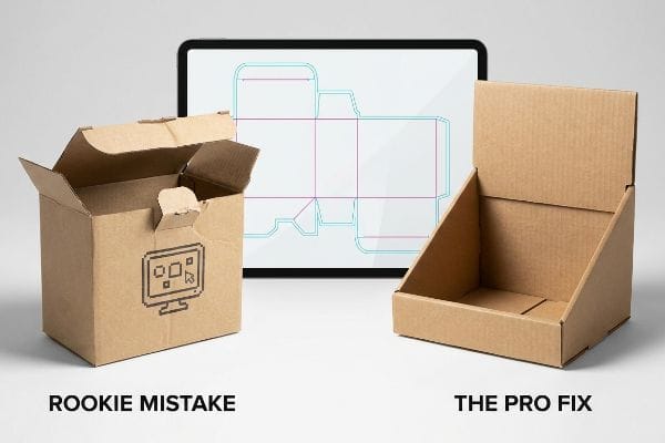 Dieline Rookie Pro Fix Brown corrugated boxes, one open 'Rookie Mistake' and one 'The Pro Fix' display, with a tablet showing a precise packaging dieline.