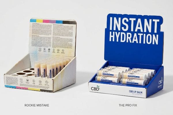 Cardboard CBD lip balm display, labeled 'Rookie Mistake', contrasts with a blue 'Pro Fix' unit featuring 'Instant Hydration' for retail.