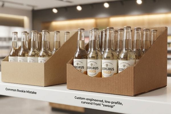 Display Box Front Comparison Corrugated display boxes for Bergrus Syger bottles: 'Common Rookie Mistake' high front vs. 'Custom-engineered, low-profile, curvand front swoop' for label visibility.