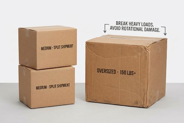 Oversized Box Warning Two Medium - Split Shipment boxes stacked next to an Oversized - 150 Lbs+ box, with a warning: Break Heavy Loads, Avoid Rotational Damage.