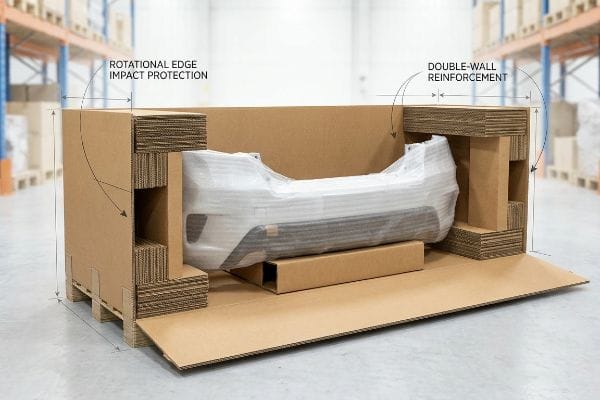 Bumper LTL Packaging Protection Heavy-duty corrugated LTL freight packaging for a car bumper, highlighting Rotational Edge Impact Protection and Double-Wall Reinforcement.