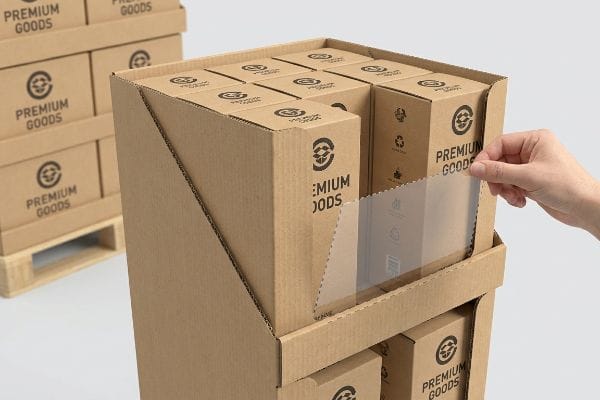A hand pulls the clear plastic front of a corrugated RRP display, revealing Premium Goods boxes inside.