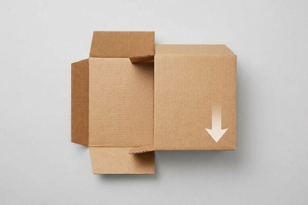 An open brown cardboard RSC box with a white downward arrow on its top flap, ready for shipping.