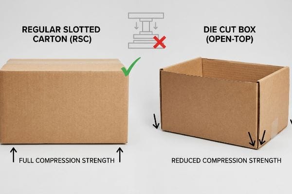 A Regular Slotted Carton (RSC) displays full compression strength with a green check, contrasting with a Die Cut Box (Open-Top) showing reduced strength and a red 'X' for top-load vulnerability.