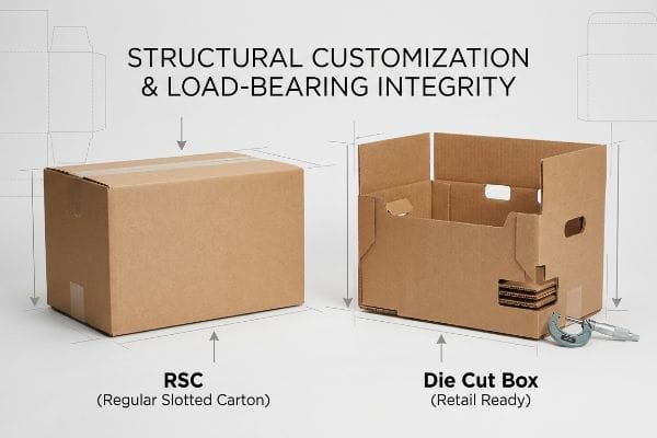 Regular Slotted Carton (RSC) and Die Cut Box (Retail Ready) comparison, highlighting Structural Customization.