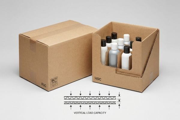 RSC HSC Box Comparison Corrugated cardboard RSC and HSC boxes, one closed and one open with bottles, demonstrating BCT Tested and Vertical Load Capacity.