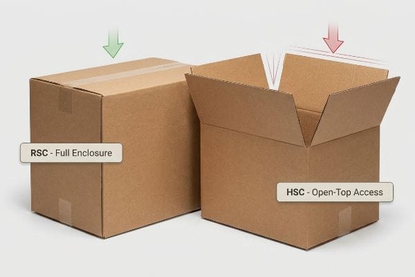 RSC HSC Box Types Brown corrugated boxes showing RSC Full Enclosure (closed, green arrow) and HSC Open-Top Access (open, red arrow) with top-load pressure indicated.