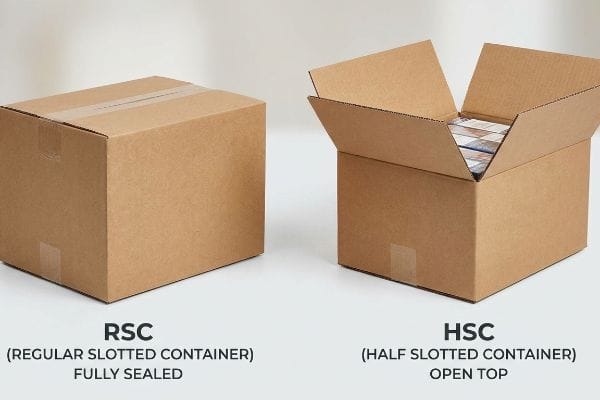 RSC and HSC Boxes Two corrugated cardboard boxes: a fully sealed Regular Slotted Container (RSC) and an open-top Half Slotted Container (HSC).