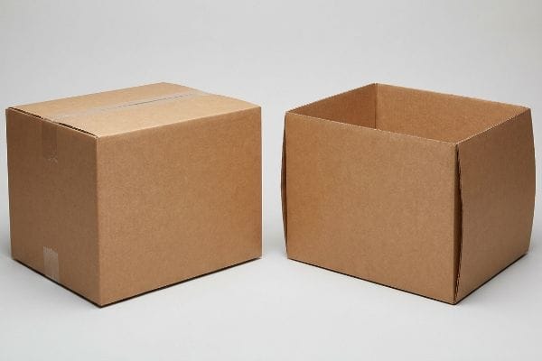 Brown corrugated cardboard boxes, one sealed Regular Slotted Container (RSC) and one open Half Slotted Container (HSC), illustrating packaging options.