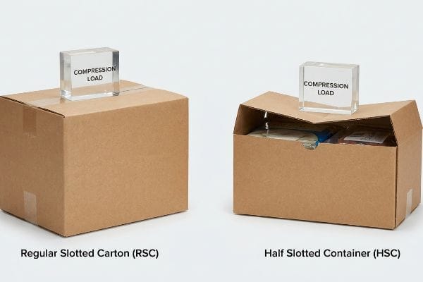 RSC vs HSC Compression A closed Regular Slotted Carton (RSC) and an open Half Slotted Container (HSC), both with Compression Load blocks on top, illustrating structural integrity.