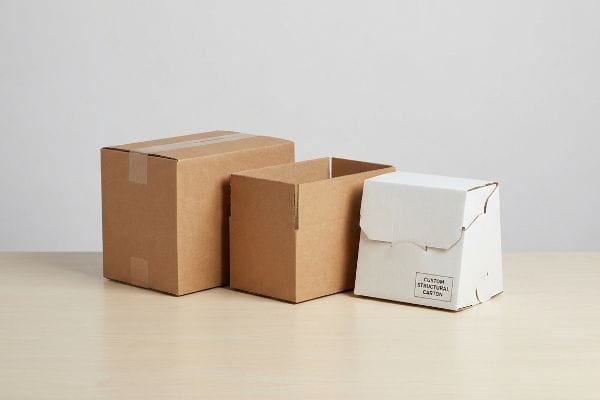 Retail Packaging Box Types A sealed brown Regular Slotted Container (RSC), an open Half Slotted Container (HSC), and a white Custom Structural Carton.