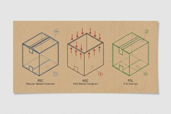 Corrugated Box Types Explained Corrugated box types: RSC (Regular Slotted Container), HSC (Half Slotted Container) with top-load arrows, and FOL (Full Overlap).