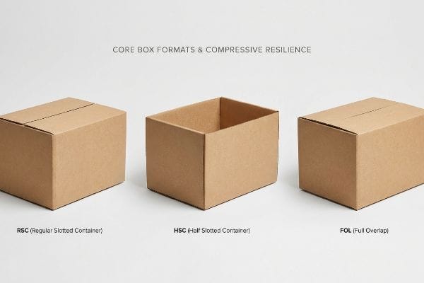 Box Formats Compressive Resilience Three corrugated boxes: RSC, HSC, FOL, illustrating core box formats and compressive resilience.