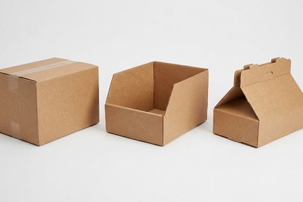 Trois types de boîtes Trois boîtes en carton ondulé brun distinctes : une boîte RSC scellée, une boîte HSC ouverte et une enveloppe d'expédition découpée sur mesure.