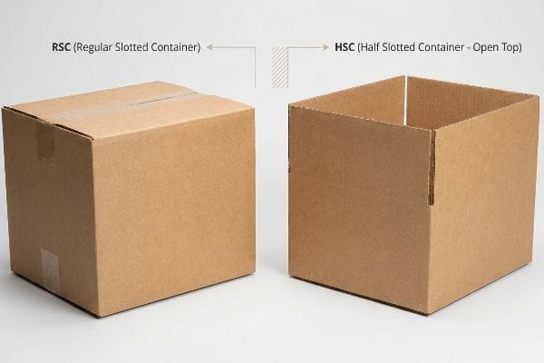 RSC HSC Container Wellpappkartons: ein verschlossener Regular Slotted Container (RSC) und ein oben offener Half Slotted Container (HSC).